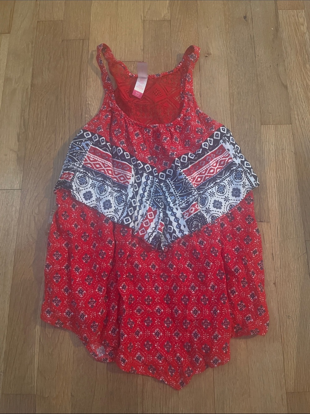 No Boundaries Red Printed Ruffle Tank Americana
